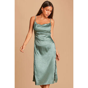 Lulus Sage Green Satin Jacquard Cowl Neck Midi Dress - Size M